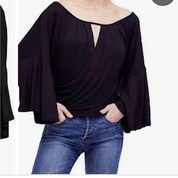 Free People Womens Last Time Draped Bell Sleeve Top Black - Picture 1 of 4